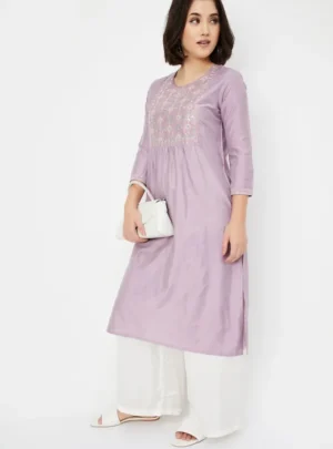 Lavender Bloom Embroidered Kurta – Subtle Radiance, Timeless Comfort