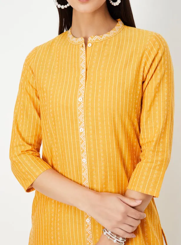 Mustard Yellow Striped Straight Kurta – A Radiant Blend of Simplicity and Style - Image 2