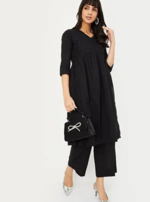 Black Solid Gathered A-Line Kurta – Timeless Elegance for Every Occasion