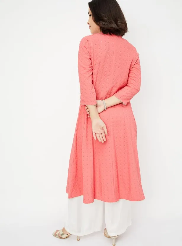 Coral Pink Textured A-Line Kurta – A Fresh Burst of Elegance - Image 4