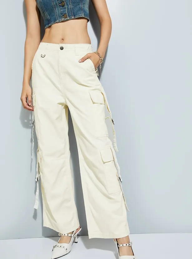 Ecru Wide-Leg Cargo Pants – Multi-Pocket Utility Trousers with Side Straps - Image 4