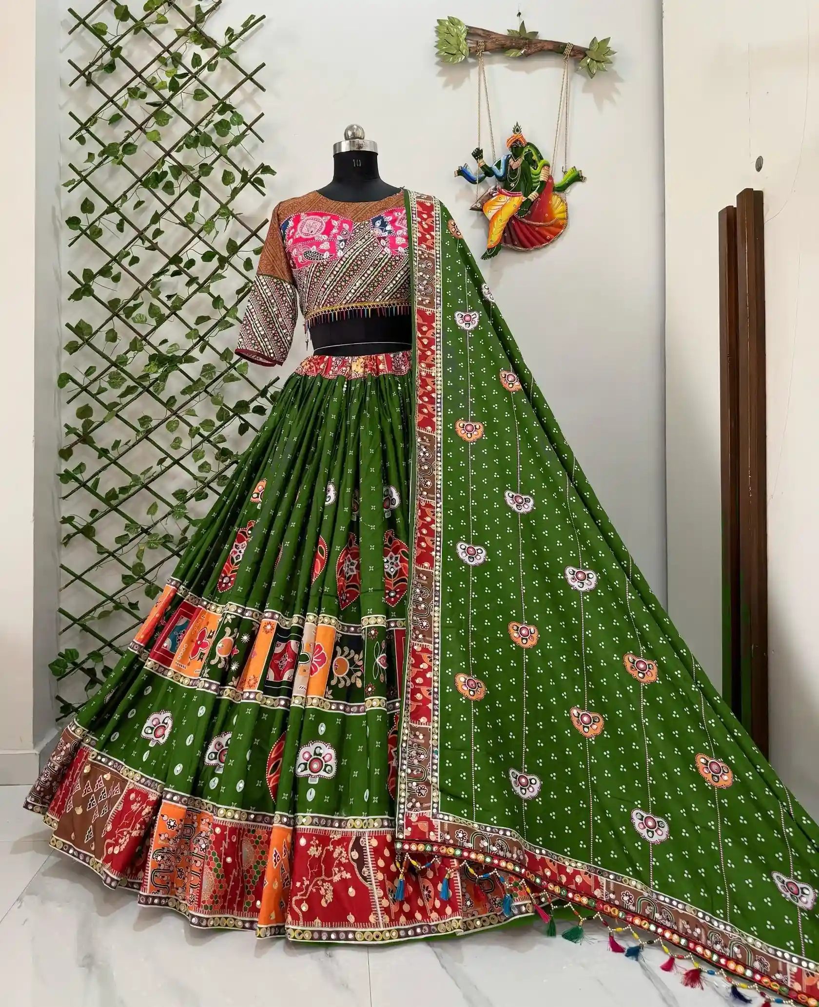 Green Mirror Work Embroidered Navratri Lehenga Choli Set with Designer Dupatta - Image 4