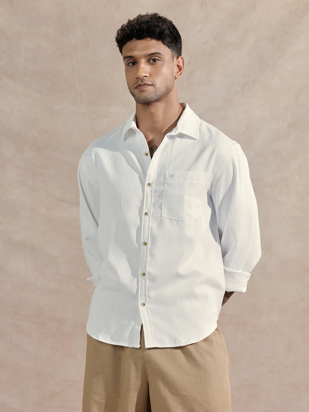 Men’s Classic White Textured Cotton Long Sleeve Shirt