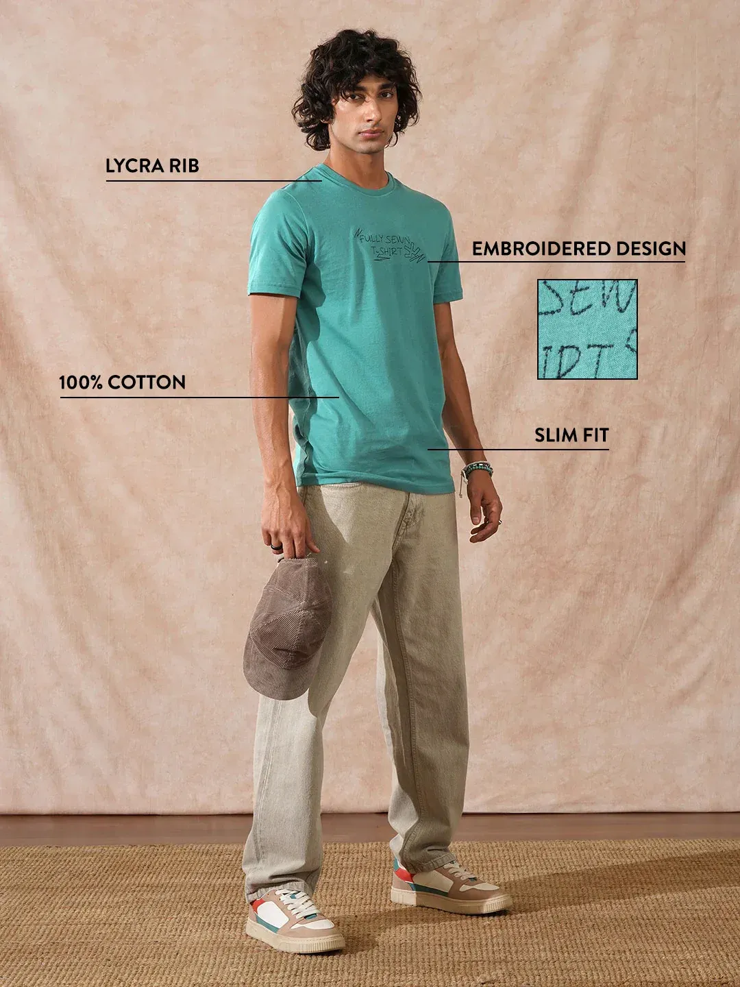 Men’s Teal Green Embroidered T-Shirt - Image 2