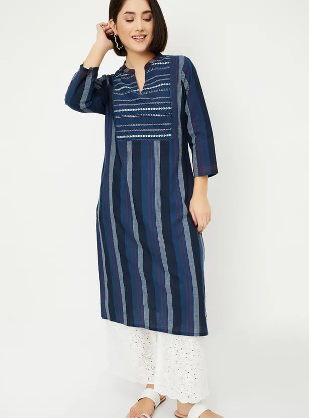 Navy Handloom-Inspired Striped Kurta – Effortless Tradition with a Modern Edge - Image 4