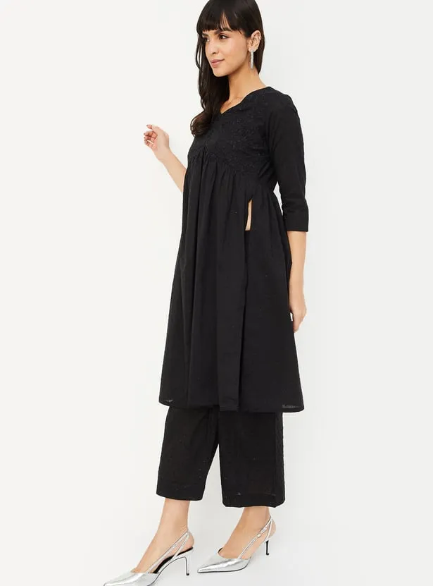 Black Solid Gathered A-Line Kurta – Timeless Elegance for Every Occasion - Image 4