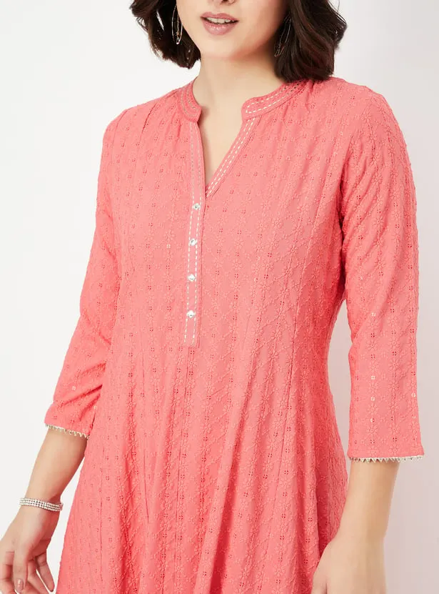 Coral Pink Textured A-Line Kurta – A Fresh Burst of Elegance - Image 6