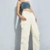 Ecru Wide-Leg Cargo Pants – Multi-Pocket Utility Trousers with Side Straps