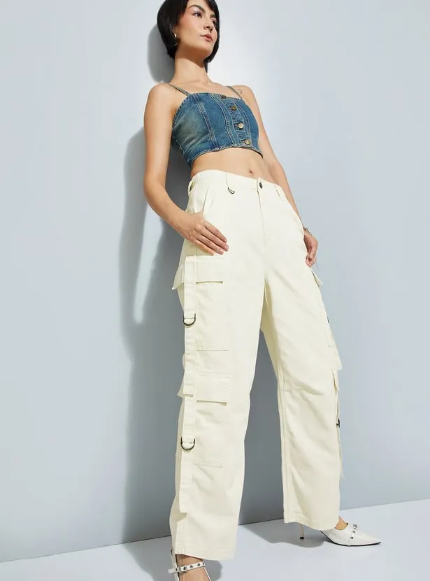 Ecru Wide-Leg Cargo Pants – Multi-Pocket Utility Trousers with Side Straps