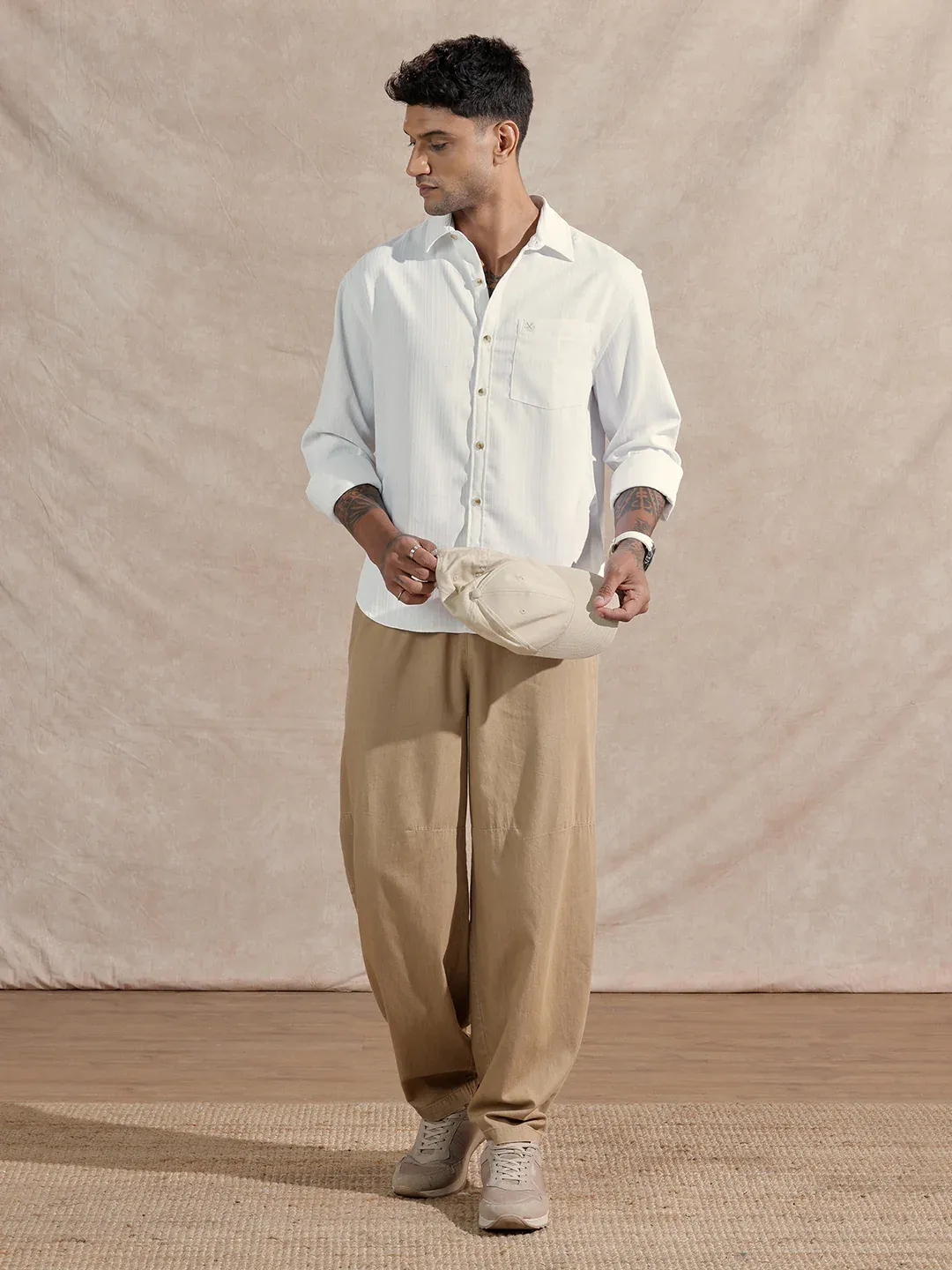 Men’s Classic White Textured Cotton Long Sleeve Shirt - Image 2