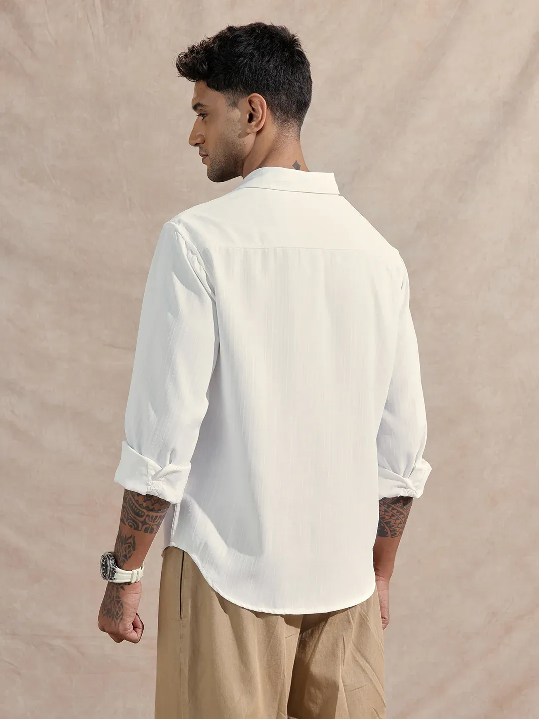 Men’s Classic White Textured Cotton Long Sleeve Shirt - Image 3