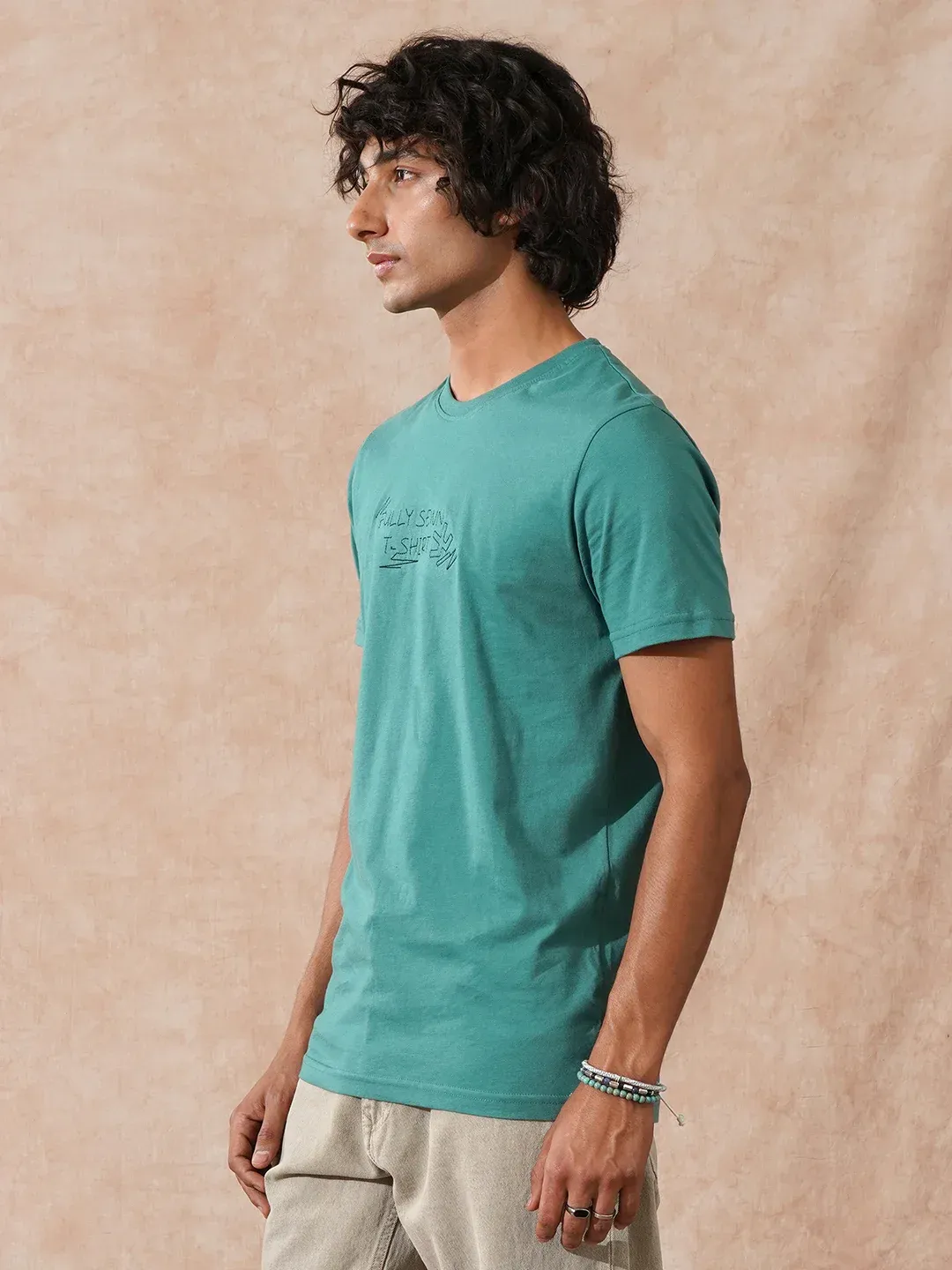 Men’s Teal Green Embroidered T-Shirt - Image 4