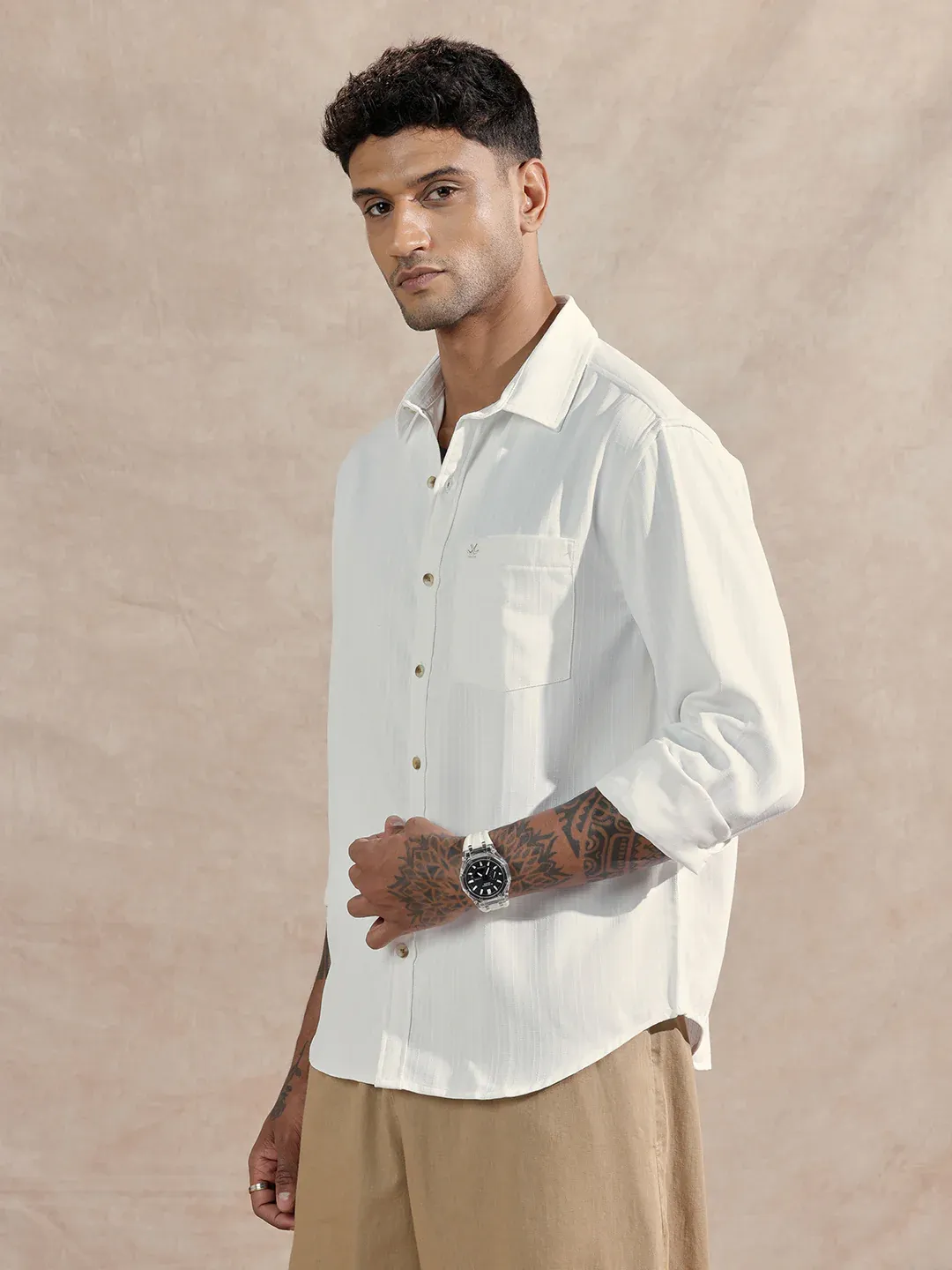 Men’s Classic White Textured Cotton Long Sleeve Shirt - Image 4