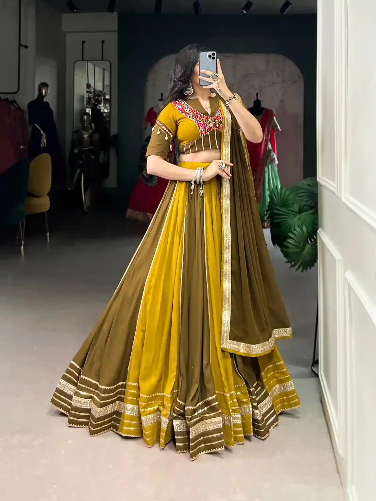 Dual Heritage Mustard & Olive Chaniya Choli – Tradition with a Global Statement