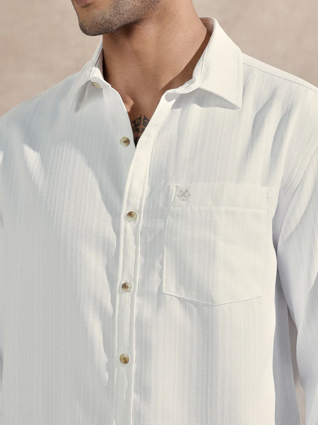Men’s Classic White Textured Cotton Long Sleeve Shirt - Image 5