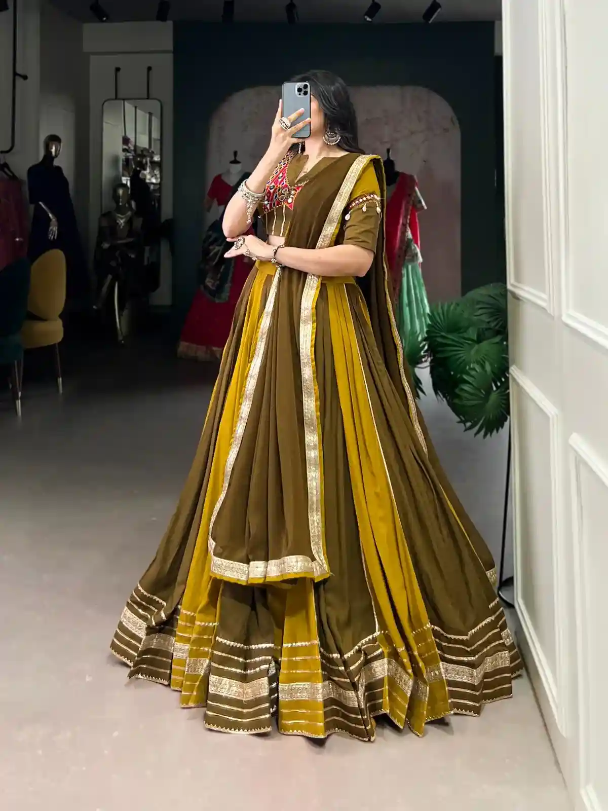 Dual Heritage Mustard & Olive Chaniya Choli – Tradition with a Global Statement - Image 3