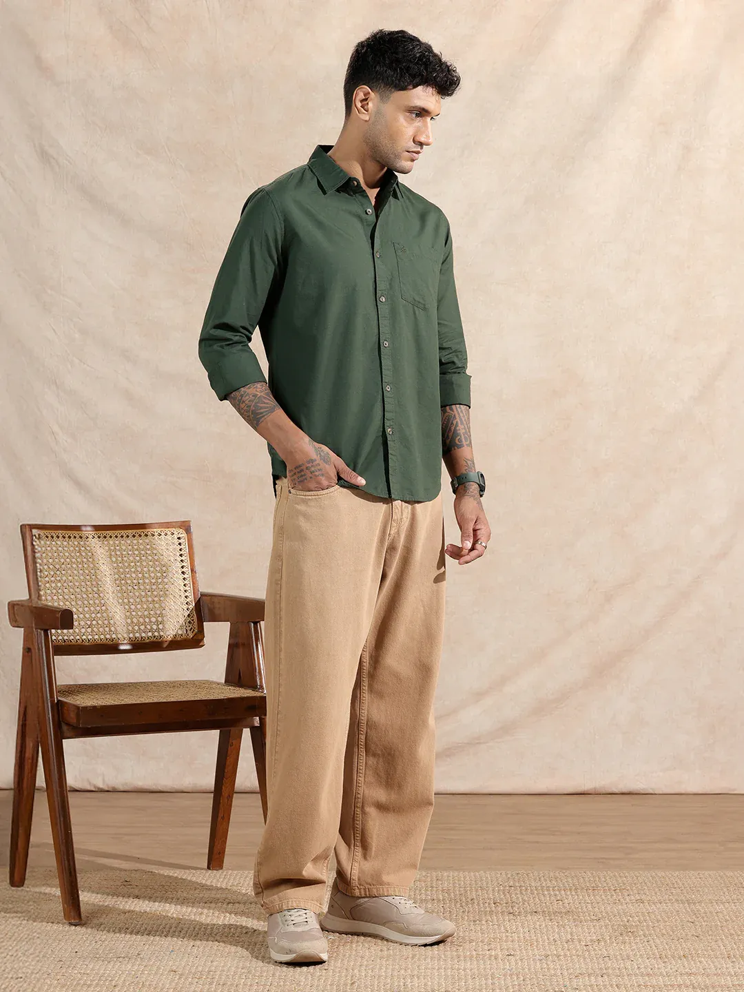 Men’s Forest Green Solid Cotton Casual Shirt - Image 3