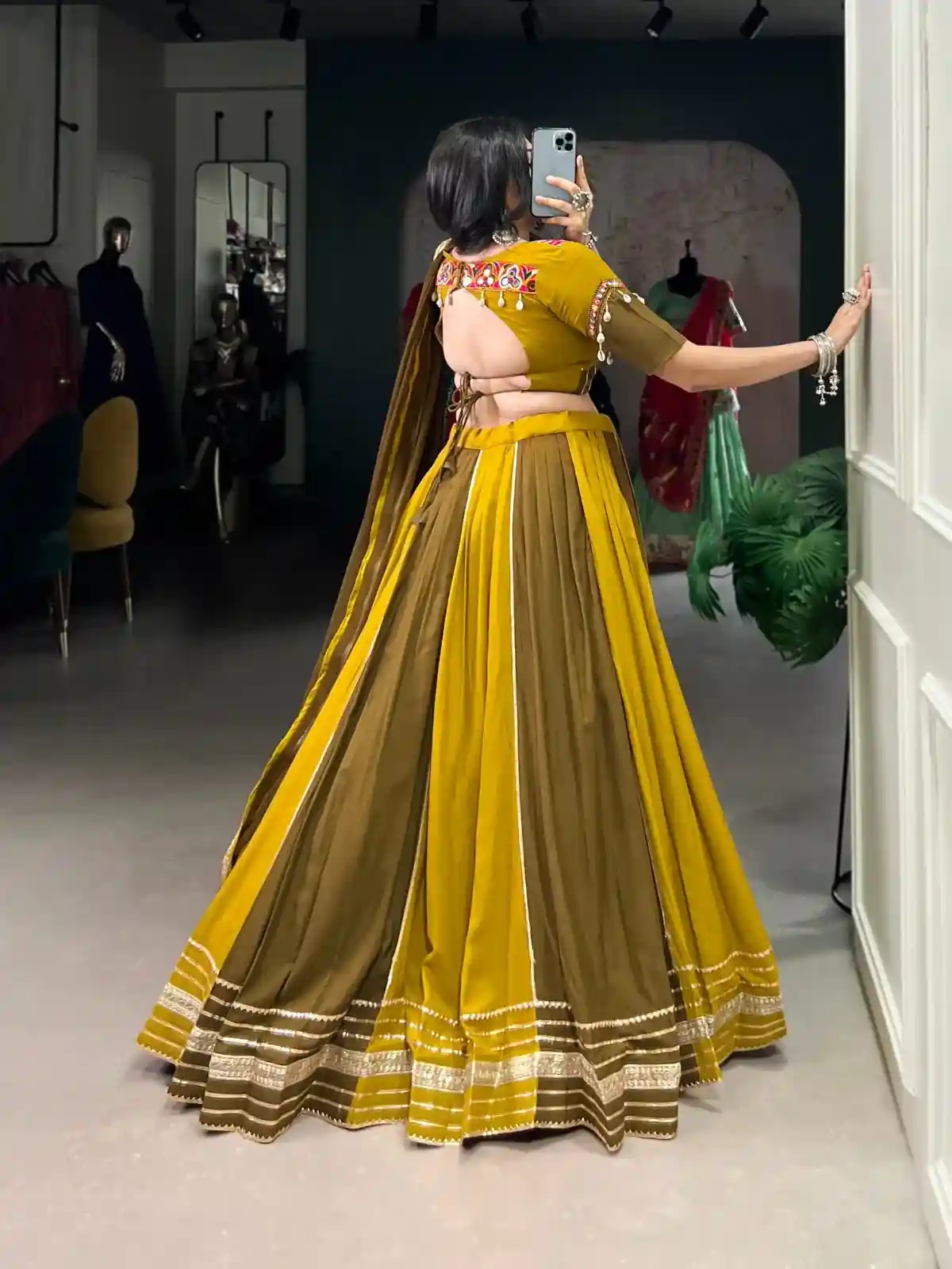 Dual Heritage Mustard & Olive Chaniya Choli – Tradition with a Global Statement - Image 5