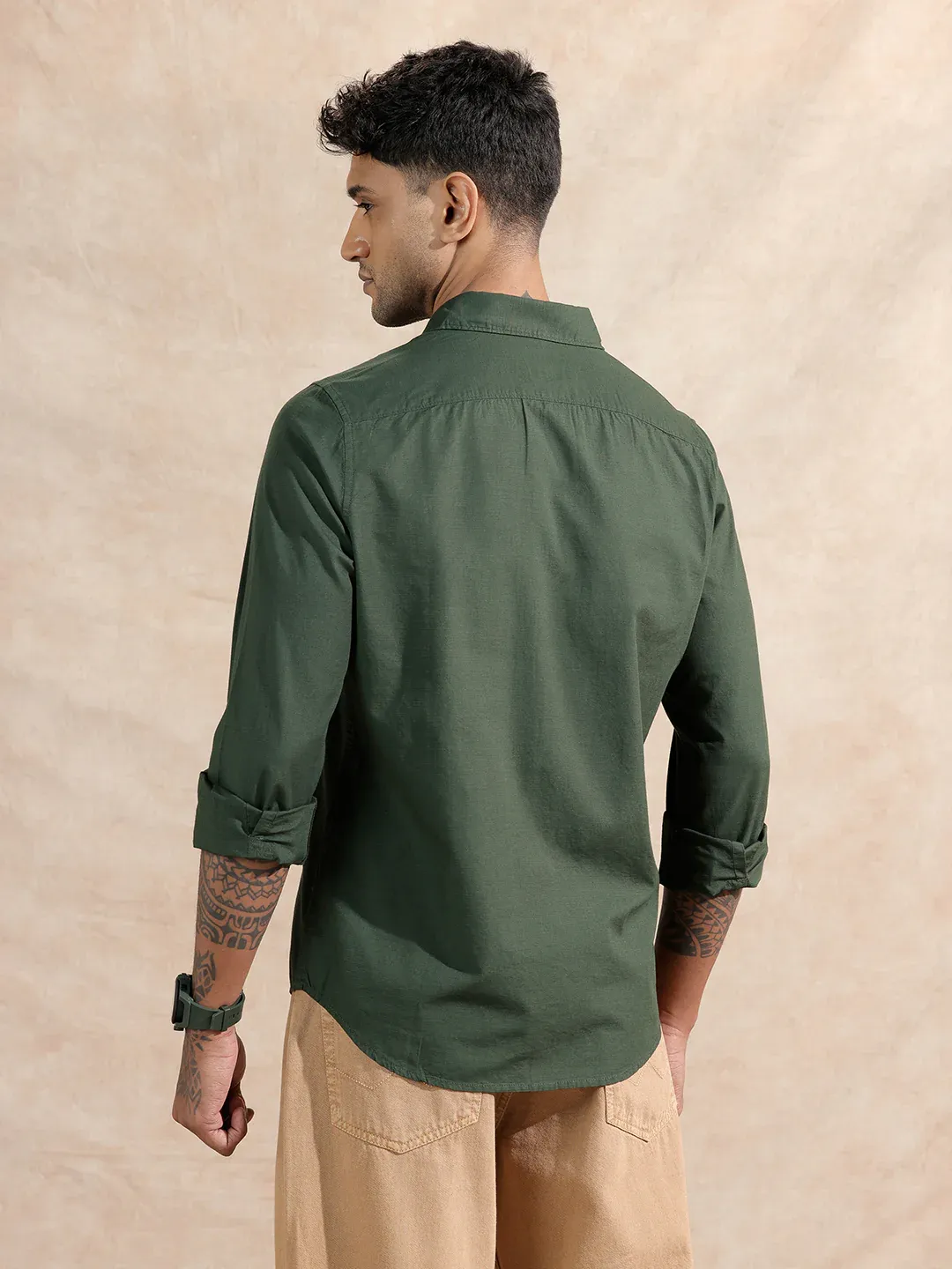 Men’s Forest Green Solid Cotton Casual Shirt - Image 4