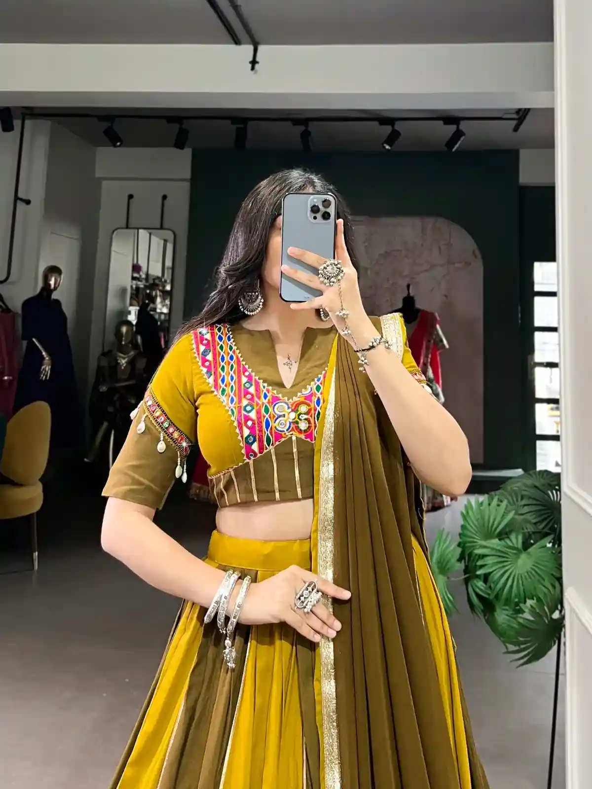 Dual Heritage Mustard & Olive Chaniya Choli – Tradition with a Global Statement - Image 2