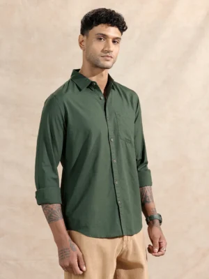 Men’s Forest Green Solid Cotton Casual Shirt