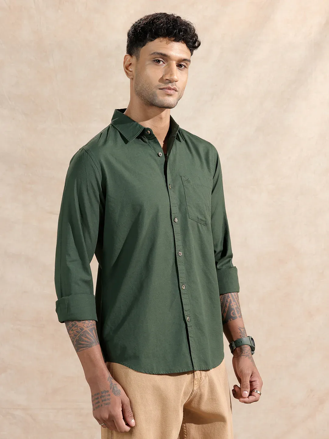 Men’s Forest Green Solid Cotton Casual Shirt