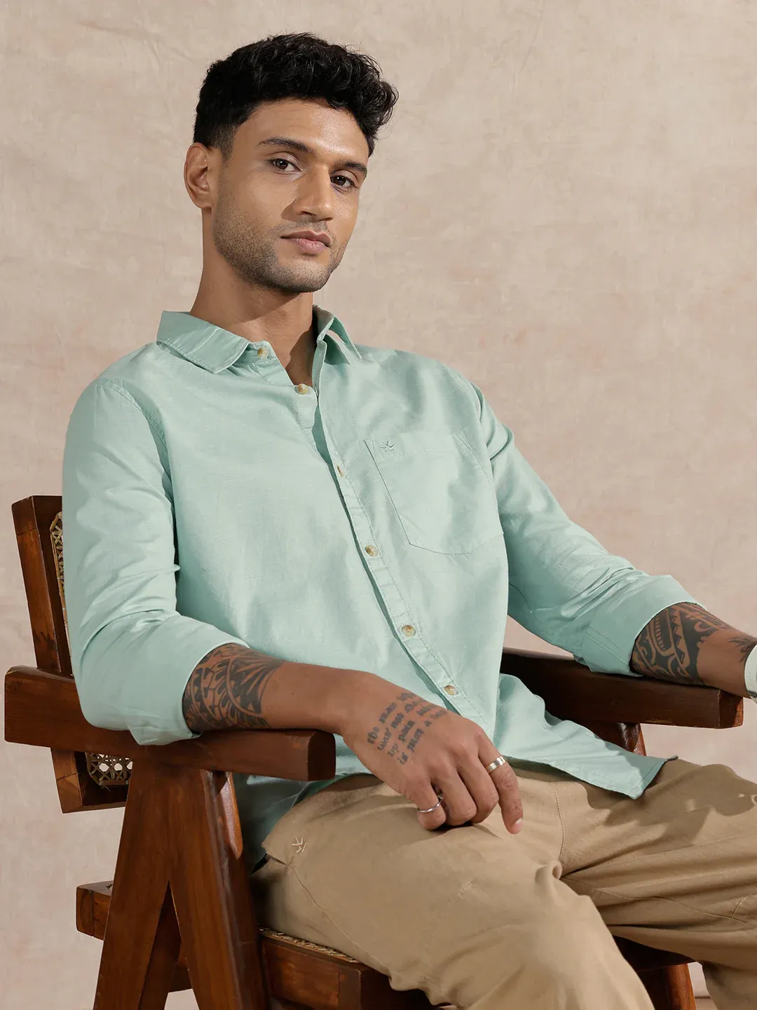 Men’s Mint Green Solid Cotton Casual Shirt - Image 2