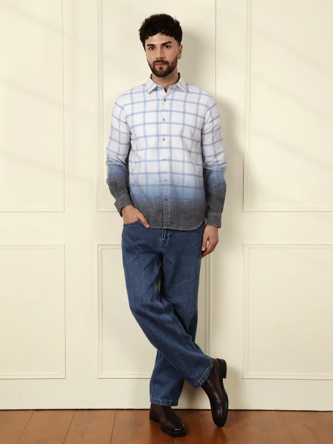 Men’s Blue & Grey Ombre Checkered Casual Shirt - Image 2