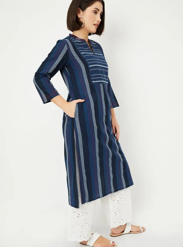 Navy Handloom-Inspired Striped Kurta – Effortless Tradition with a Modern Edge - Image 3