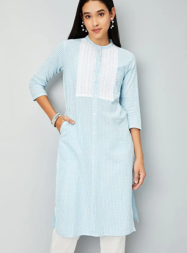 Sky Blue Gingham Straight Kurta – Fresh, Minimal & Timeless