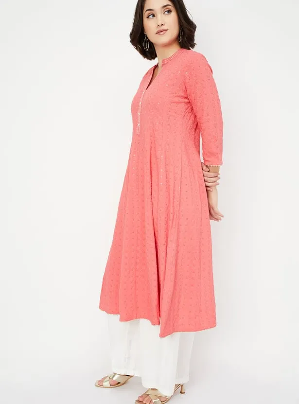 Coral Pink Textured A-Line Kurta – A Fresh Burst of Elegance - Image 3