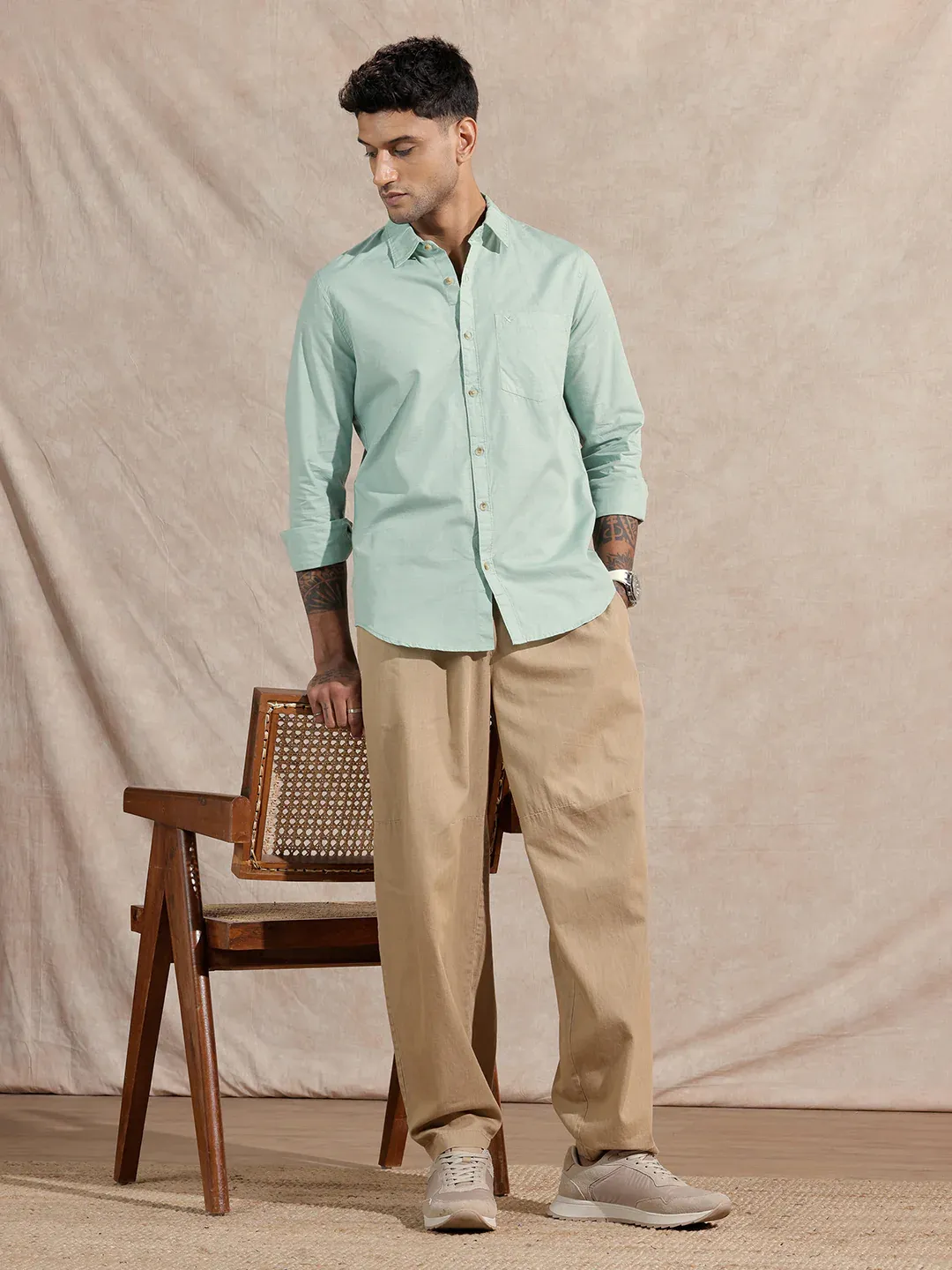 Men’s Mint Green Solid Cotton Casual Shirt - Image 3