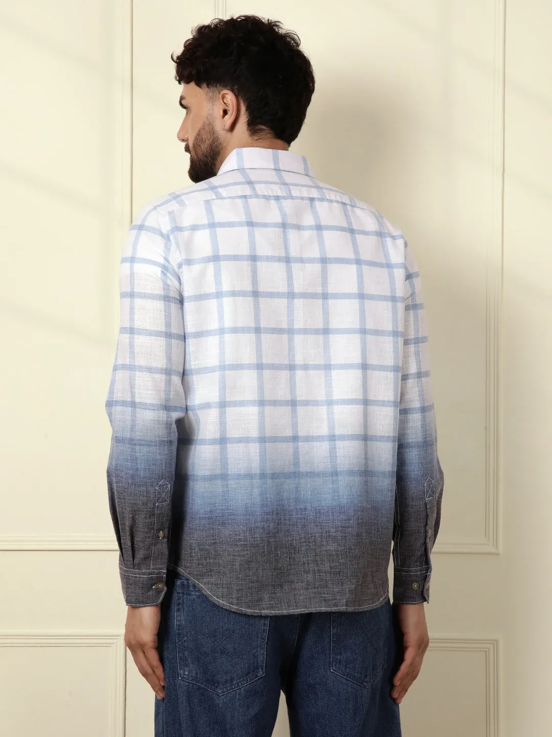 Men’s Blue & Grey Ombre Checkered Casual Shirt - Image 4
