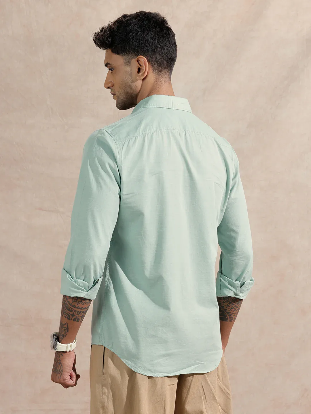 Men’s Mint Green Solid Cotton Casual Shirt - Image 4
