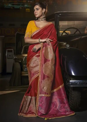 Red & Gold Zari Silk Saree with Yellow Embroidered Blouse