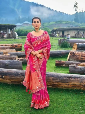 Deep Pink & Orange Zari Silk Saree