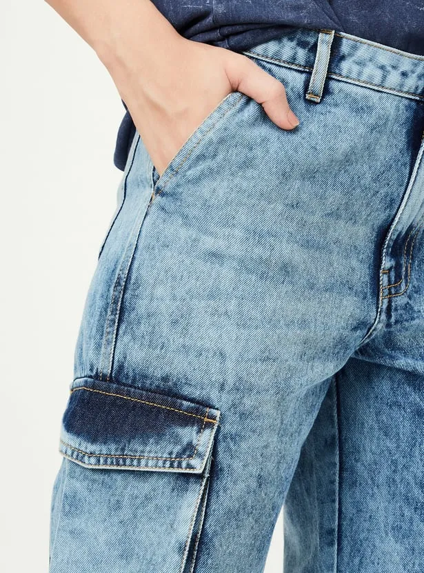 Mid-Blue Acid Wash Cargo Jeans – Utility Streetwear for Trend-Driven Style - Image 3