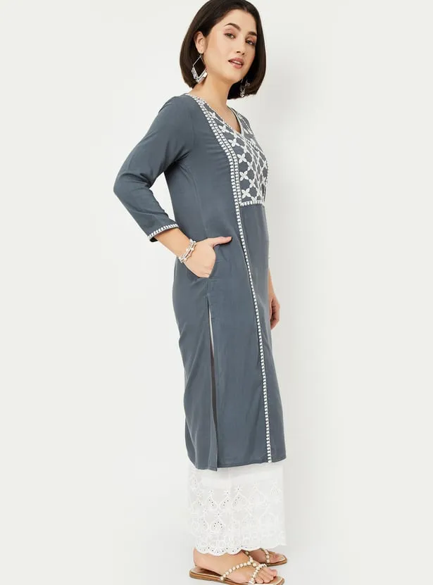 Slate Grey Embroidered Panel Kurta – Minimalism with a Touch of Heritage - Image 2