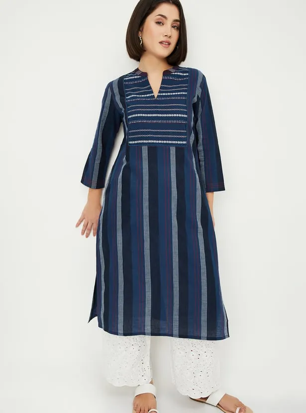 Navy Handloom-Inspired Striped Kurta – Effortless Tradition with a Modern Edge