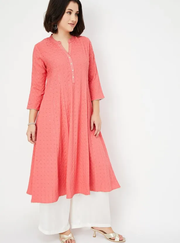 Coral Pink Textured A-Line Kurta – A Fresh Burst of Elegance - Image 2