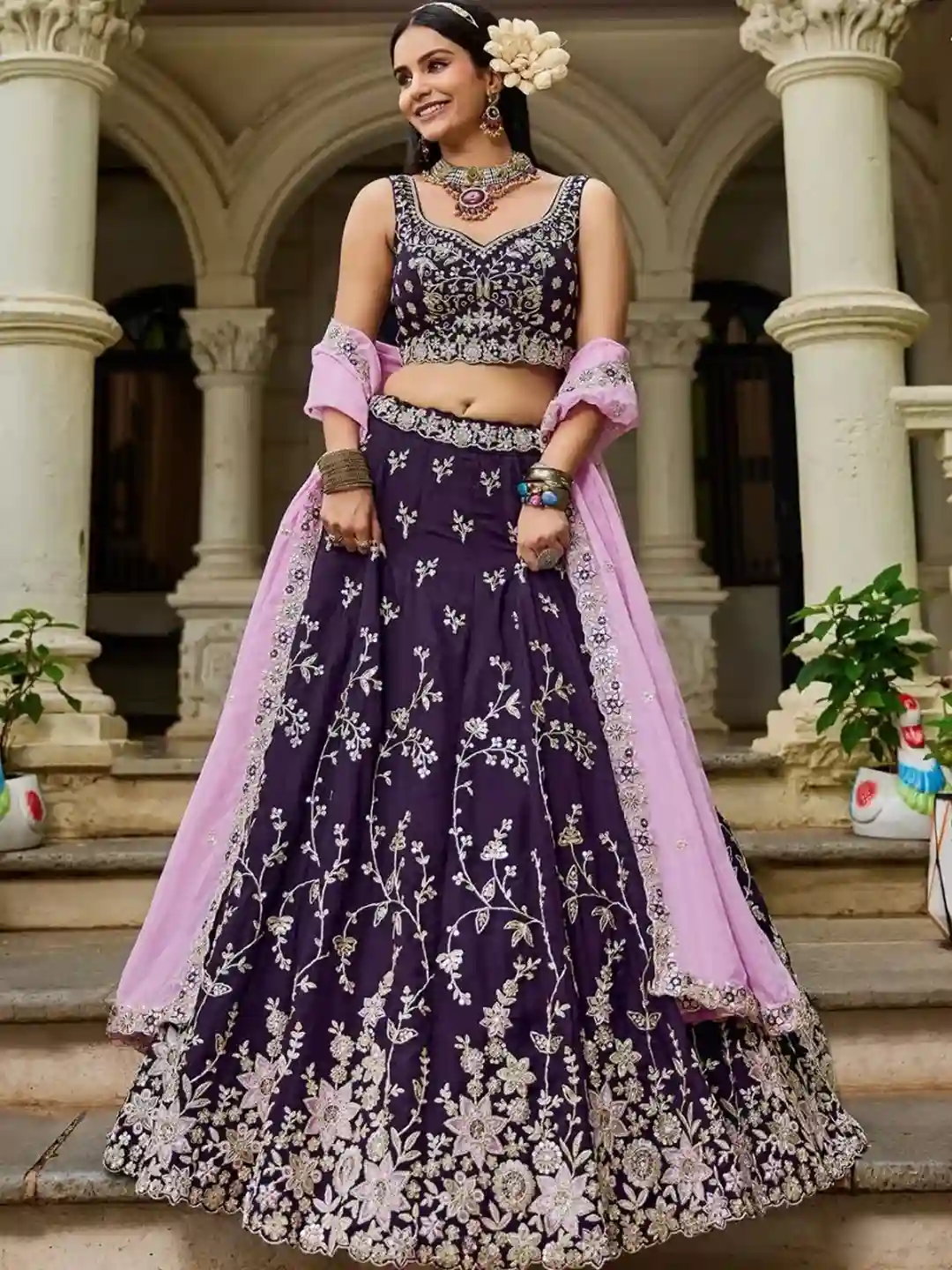 Royal Burgundy Organza Embroidered Lehenga Choli with Baby Pink Dupatta - Image 3