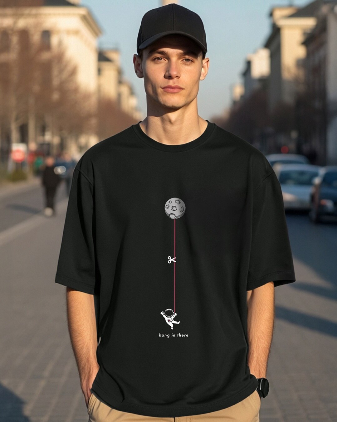 Men’s Black “Hang in There” Astronaut Graphic Oversized T-Shirt