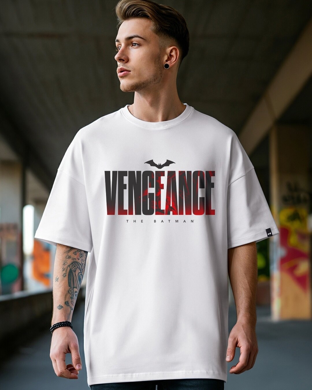 Men’s White “Vengeance – The Batman” Typography Oversized T-Shirt