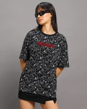 Snoopy All-Over Print Oversized Tee – Black, Bold, & Iconic
