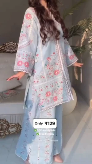 Pastel Blue Floral Embroidered Suit Set – Graceful Festive Elegance