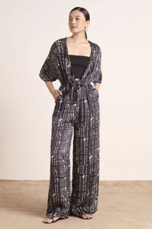 Midnight Abstract Tie-Up Jumpsuit – Modern Elegance, Effortless Style