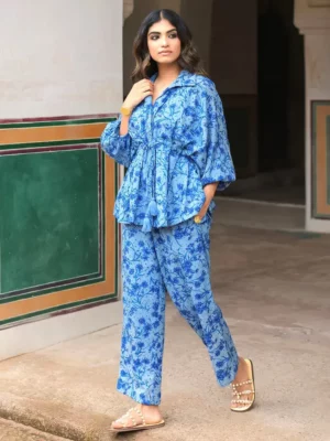 Sky Blossom Printed Co-Ord Set – Relaxed Elegance, Modern Comfort