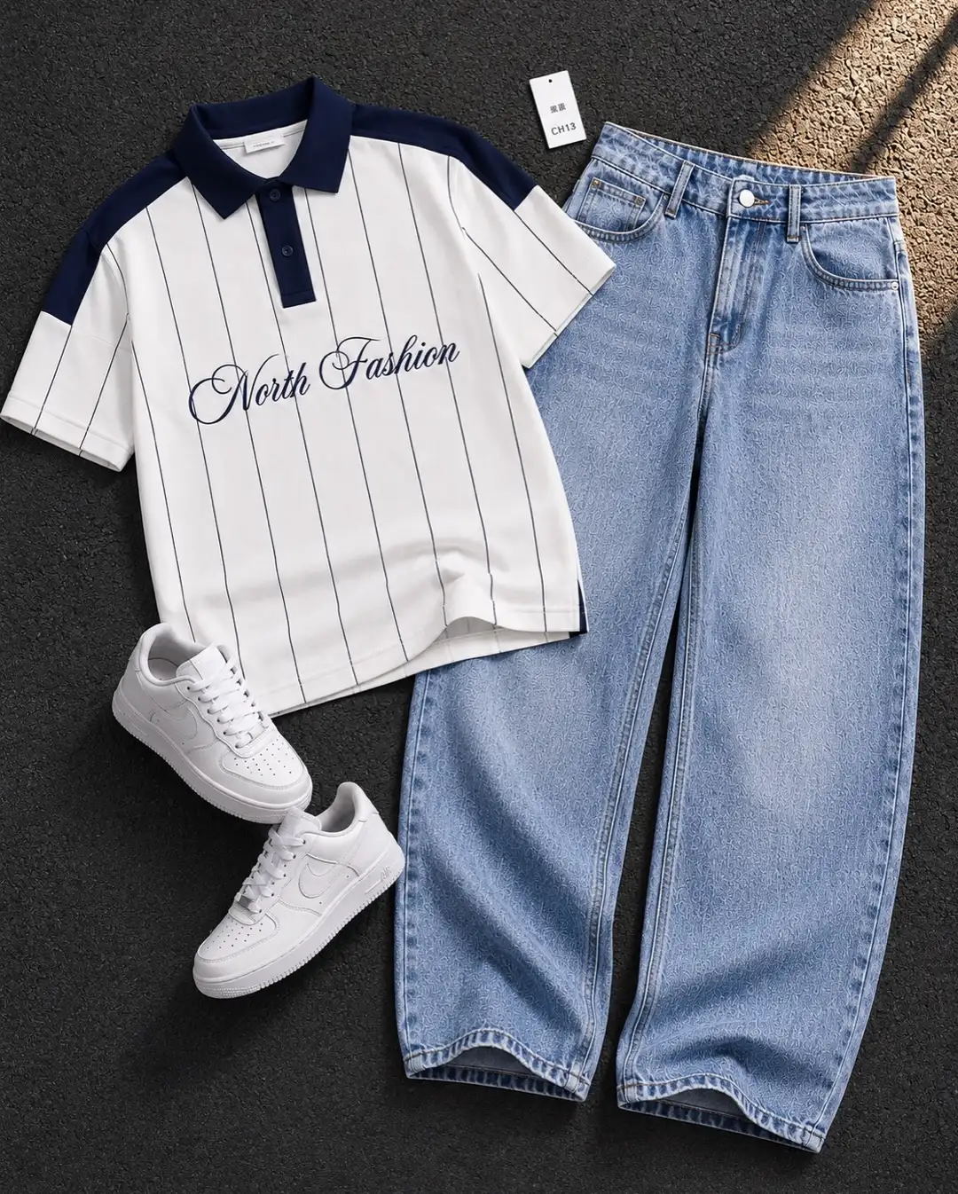 Men’s Vintage Graphic Polo T-Shirt with Blue Baggy Jeans Combo | Casual Streetwear Outfit for Men - Image 2