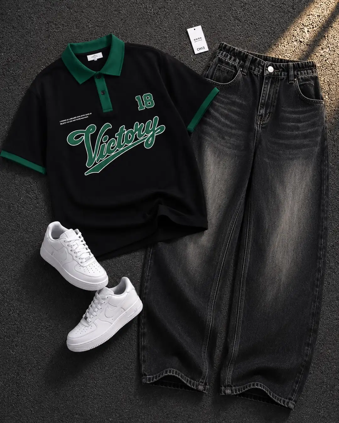 Men’s Vintage Graphic Polo T-Shirt with Blue Baggy Jeans Combo | Casual Streetwear Outfit for Men - Image 5
