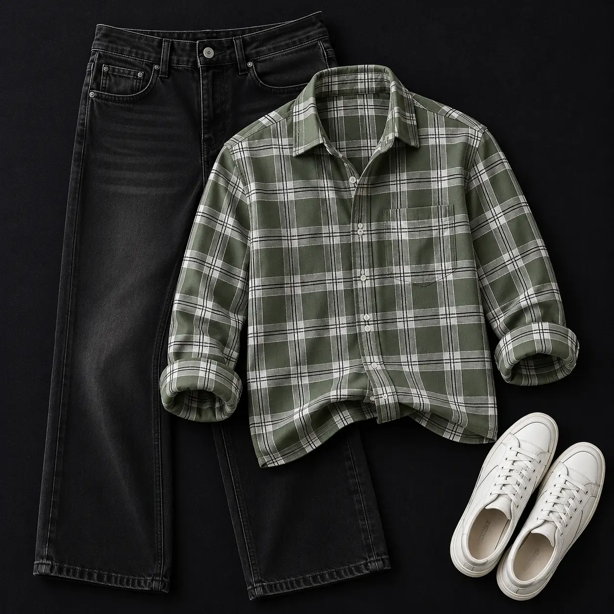 Trendy Green and Beige Plaid Flannel with Washed Black Jeans Combo - Image 4